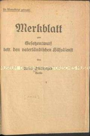 Merkblatt zum Gesetzentwurf betreffend den vaterländischen Hilfsdienst