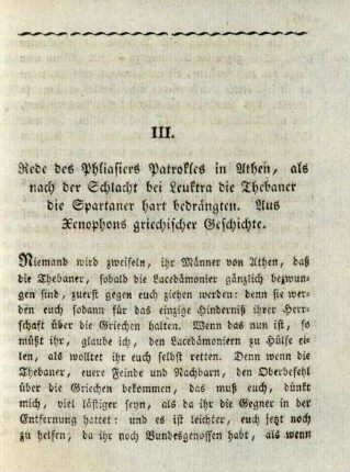III. Rede des Phliasiers Patrokles in Athen, als nach der Schlacht bei Leuktra die Thebaner die Spartaner hart bedrängten. Aus Xenophons griechischer Geschichte