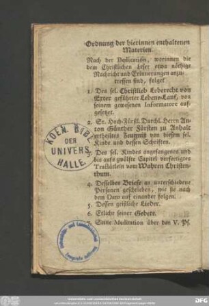 Ordnung der hierinnen enthaltenen Materien.