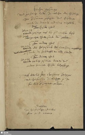 Kirchen gesenge vnd geistliche lieder, jn welchen die christliche lhere zu sammen gefasset vnd Erkleret wirdt jn dreierlei Ordnung ausgeteilet ... Vff bevelich Hern Christians ertzoges vnd Churfurstens zu Sachssen jn Ein buch zu sammen gezogen. Dreßden jn Churfurstlicher Druckerei Anno M.d. LXXXIX.