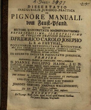 Dissertatio Inauguralis Iuridico-Practica De Pignore Manuali : = vom Faust-Pfand