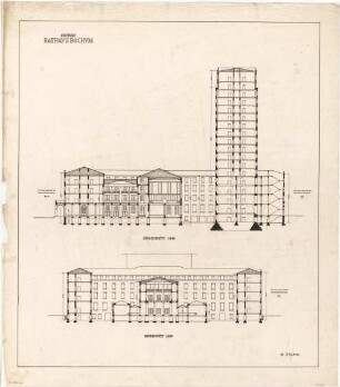 Billing, Hermann; Bochum (Nordrhein-Westfalen); Rathaus - Längsschnitt; Querschnitt (Schnitte)