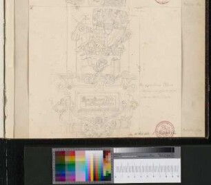 Wappenkonsole der Büste von König Georg von Böhmen und Rollwerkkartusche mit Namenstafel am Gewölbansatz des westlichen Arkadenumgangs (Dreiviertelansicht)