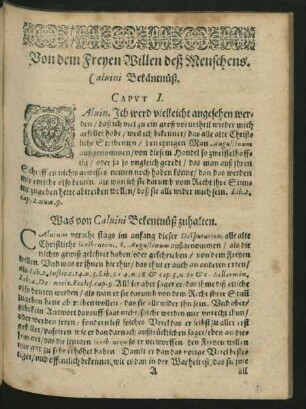 Von dem Freyen Willen deß Menschens. Calvini Bekäntnüß. Caput I.