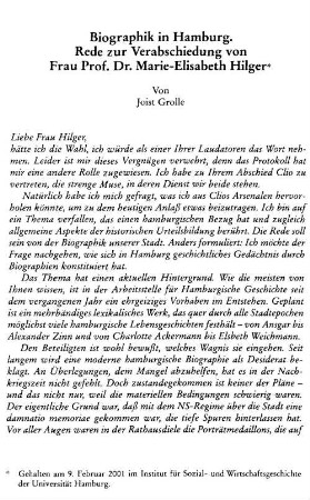 Biographik in Hamburg : Rede zur Verabschiedung von Frau Prof. Dr. Marie-Elisabeth Hilger