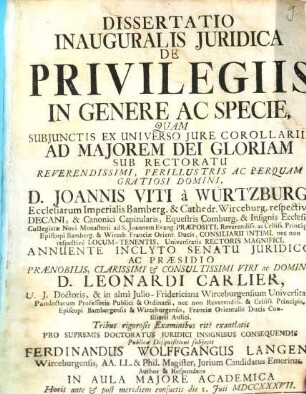 Dissertatio Inauguralis Juridica De Privilegiis In Genere Ac Specie : Subjunctis Ex Universo Jure Corollariis