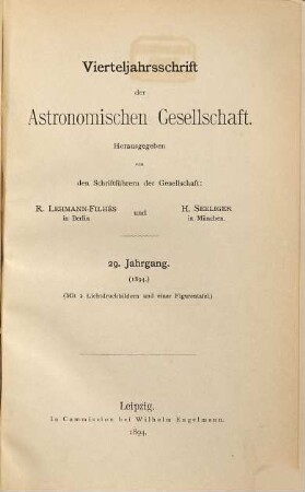 Vierteljahrsschrift der Astronomischen Gesellschaft. 29, 29. 1894