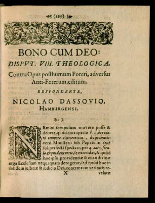 Disputatio VIII. Theologica, ... Respondente, Nicolao Dassovio, Hamburgensi.