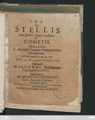 De Stellis Tam Usitatis; Quam Inusitatis, ac Cometis