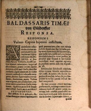 Baldassaris Timæi von Güldenklee ... Responsa Medica, Et Diæteticon : Opus Posthumum