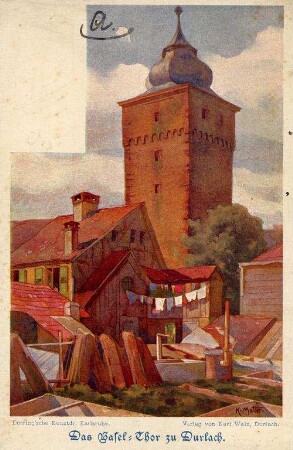 Postkartenalbum mit Motiven von Durlach. "Das Basel-Thor zu Durlach"