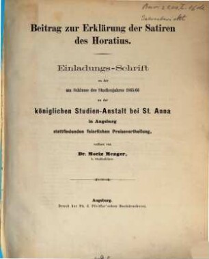 Einladungs-Schrift zu der am Schlusse des Studienjahres ... an der Königlichen Studien-Anstalt bei St. Anna in Augsburg stattfindenden feierlichen Preisevertheilung. 1865/66