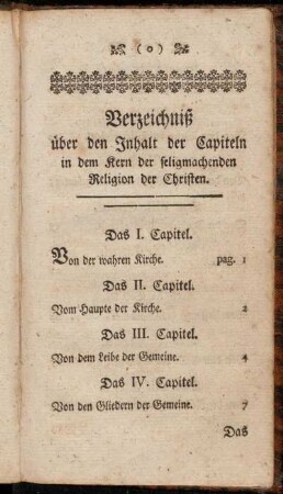 Verzeichniß über den Inhalt der Capiteln in dem Kern der seligmachenden Religion der Christen