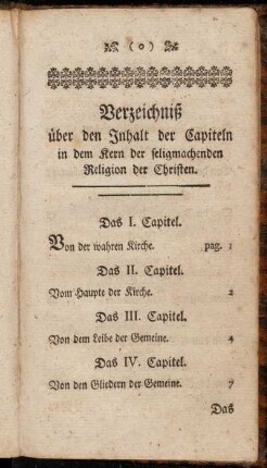 Verzeichniß über den Inhalt der Capiteln in dem Kern der seligmachenden Religion der Christen