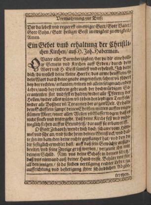 Ein Gebet umb erhaltung der Christlichen Kirchen/ auß H. Joh. Haberman.