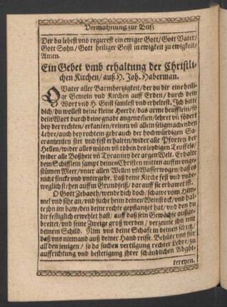 Ein Gebet umb erhaltung der Christlichen Kirchen/ auß H. Joh. Haberman.