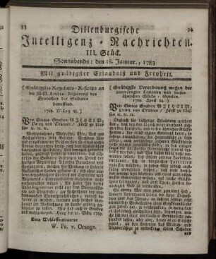 III. Stück. Sonnabends: den 18. Januar., 1783.