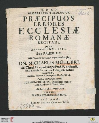 Dissertatio Theologica Praecipuos Errores Ecclesiae Romanae Recitans