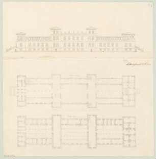 Wintergarten (Etablissement) Monatskonkurrenz November 1843: Grundriss Erdgeschoss, Obergeschoss, Aufriss Vorderansicht; Maßstabsleiste