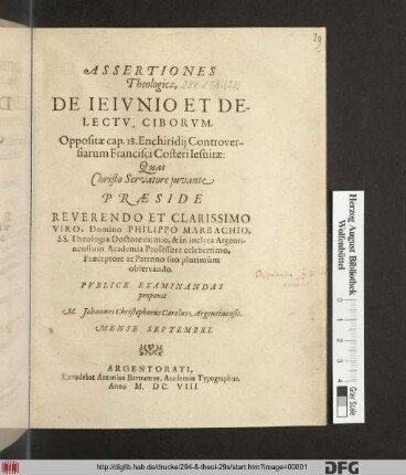 Assertiones Theologicae, De Ieiunio Et Delectu Ciborum. Oppositae cap. 18. Enchiridii Controversiarum Francisci Costeri Jesuitae