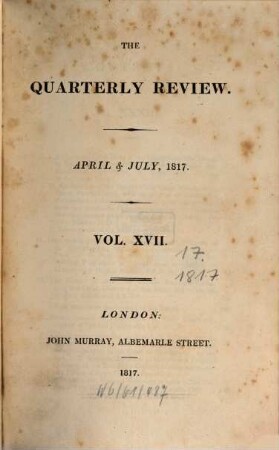 The quarterly review. 17 = No. 33 - 34. 1817