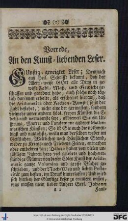 Vorrede, An den Kunst-liebenden Leser.