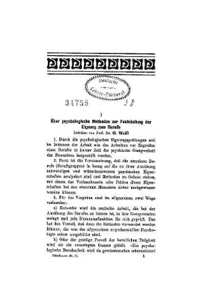 Über psychologische Methoden zur Feststellung der Eignung zum Berufe