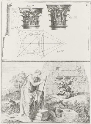 Korinthische Kapitelle, Pyramide als Grabstätte mit männlicher Figur auf Steinplatte schreibend : Kapitelle, Grabpyramide, Radierung, 18. Jh.