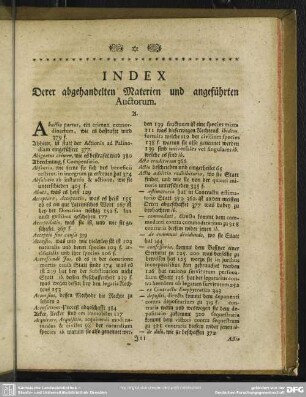 Index Derer abgehandelten Materien und angeführten Auctorum
