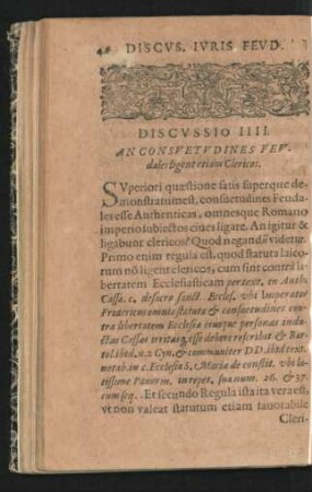 Discussio IIII. An Consuetudines Feudales ligent etiam Clericos.