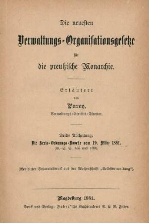 Abth. 3: Die Kreis-Ordnungs-Novelle vom 19 März 1881 (G.-S. S. 155 und 180)