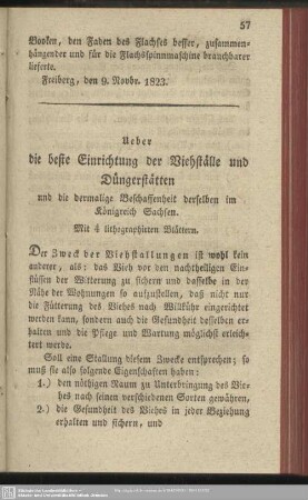 Ueber die beste Einrichtung der Viehställe und Düngerstätten und die dermalige Beschaffenheit derselben im Königreich Sachsen