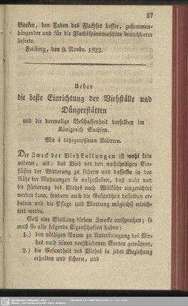 Ueber die beste Einrichtung der Viehställe und Düngerstätten und die dermalige Beschaffenheit derselben im Königreich Sachsen