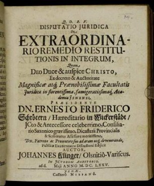 Disputatio Iuridica De Extraordinario Remedio Restitutionis In Integrum