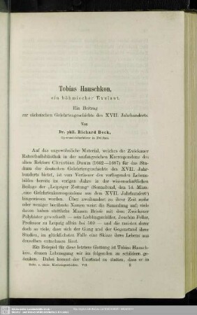 Tobias Hauschkon, ein böhmischer Exulant : Ein Beitrag zur sächsischen Gelehrtengeschicte des XVII. Jahrhunderts