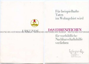 Ehrenzeichen für vorbildliche Nachbarschaftshilfe - Verleihungsurkunde (blanko)