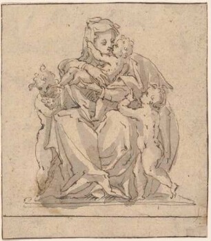 Sitzende Frau mit drei Kindern (Caritas?)