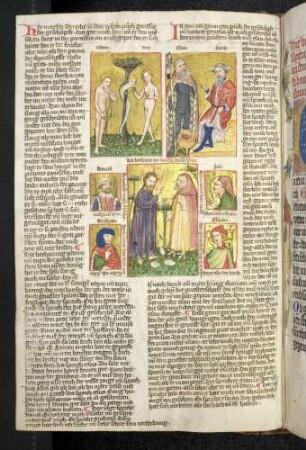 (1) Antitypus: Versuchung Christi; (2) Typus: Sündenfall ; (3) Typus: Esau verkauft sein Erstgeburtrecht für eine Linsensuppe ; Propheten-Brustbild