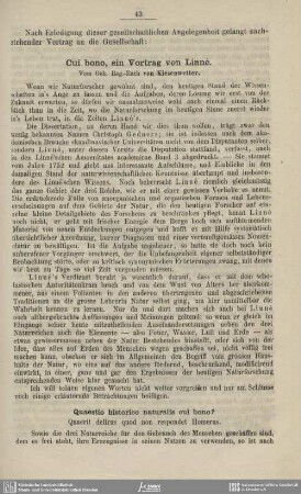 Cui bono, ein Vortrag von Linné