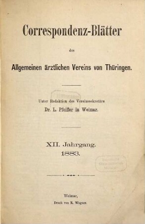 Korrespondenz-Blätter des Allgemeinen Ärztlichen Vereins von Thüringen. 12. 1883