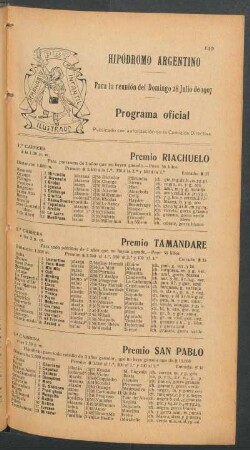 Hipódromo Argentino - Para la reunión del Domingo 28 Julio de 1907 - Programa oficial