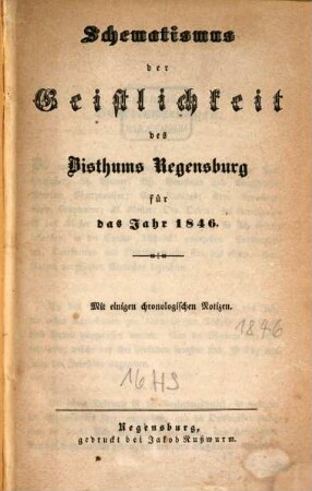 Schematismus des Bistums Regensburg. 1846