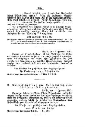 Notreifeprüfung zum Heeresdienst einberufener Unterprimaner : [D. Höhere Lehranstalten für die männliche Jugend]