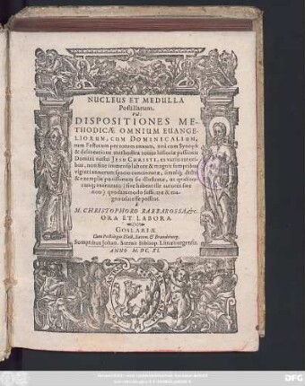 Nucleus Et Medulla Postillarum, Vel: Dispositiones Methodicae Omnium Evangeliorum, Cum Dominicalium, tum Festorum per totum annum, : una cum Synopsi & delineatione methodica totius historiae passionis Domini nostri Jesu Christi, ex variis autoribus ...