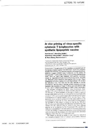 In vivo priming of virus-specific cytotoxic T lymphocytes with synthetic lipopeptide vaccine