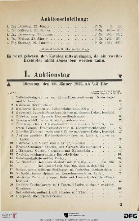 1. Auktionstag Dienstag, den 22. Jänner 1935, ½ 3 Uhr (Nr. 1-400)