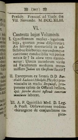 VI. Contenta hujus Voluminis.