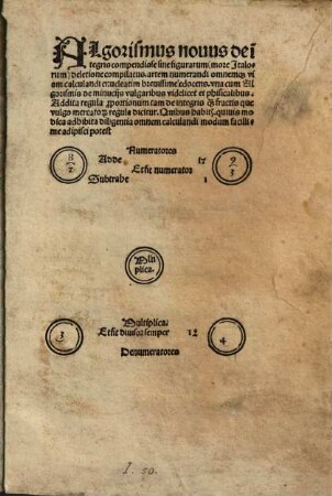 Algorismus nouus de i[n]tegris compendiose sine figurarum (more Italorum) deletione compilatus : artem numerandi omnemq[ue] viam calculandi enucleatim breuissimè edocens ; vna cum Algorismis de minucijs vulgaribus videlicet et phisicalibus ...