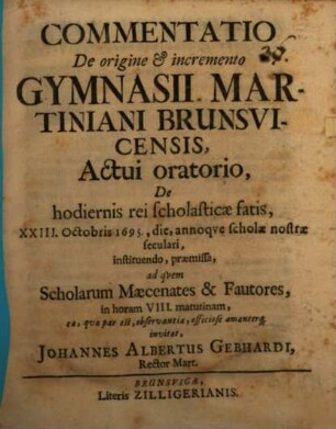 Commentatio de origine et incremento gymnasii Martiniani Brunsvicensis