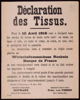 "Déclaration des Tissus" (Aufforderung zur Meldung von vorhandenen Stoffvorräten) (No. 214)